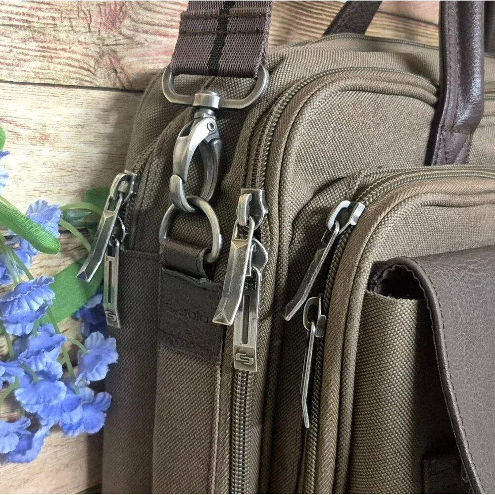 SOLO Green Canvas Brown Briefcase Laptop Case Messenger Bag Multi-Pocket